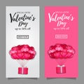 Valentine`s day sale offer flyer with illustration of flying helium pink heart shape balloon brings present gift box