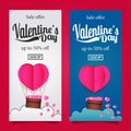 Valentine`s day sale offer flyer template with paper cut style illustration of hot flying balloon with cloud Royalty Free Stock Photo