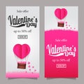 Valentine`s day sale offer flyer template with paper cut style illustration of hot flying balloon and pink grass Royalty Free Stock Photo