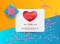 Valentine`s day sale offer with red heart, pink ribbons and blue gift box Royalty Free Stock Photo