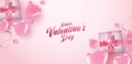 Valentine`s day sale poster or banner with many sweet hearts and gift boxes on pink color background. Promotion and shopping templ