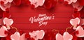 Valentine`s day sale poster or banner with many sweet hearts and on red color wooden background. Promotion and shopping template o Royalty Free Stock Photo