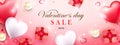 Valentine's day sale poster, composition with heart shaped balloons, scented candles, gift boxes with bow