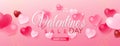 Valentine`s day sale seasonal marketing banner with heart shaped bauble on bokeh pink background