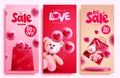 Valentine`s day sale set vector poster design. Valentine`s seasonal promo discount offer collection