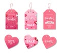 Valentine`s Day Sale template. Collection of pink paper tags with hearts and handwritten lettering for romantic holiday. - Vector Royalty Free Stock Photo