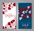 Valentine`s day sale vectical banner set. Love 3d hearts in design concept template background.