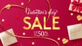 Valentine\'s day sale vector banner design. Happy valentine\'s day promo discount offer with gift boxes elements. Royalty Free Stock Photo