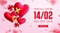 Valentine`s day sale vector banner design. Valentines day special offer text up to 50% off discount for valentine gifts. Royalty Free Stock Photo