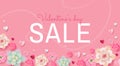 Valentine`s Day Sale web banner or flyer concept with white and pink paper hearts and cute flowers illustration. Romantic design Royalty Free Stock Photo