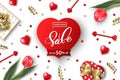 Valentine`s Day sale web banner. Top view on composition with gift box, red tulips, confetti,red sparkly hearts. Vector Royalty Free Stock Photo