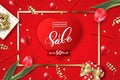 Valentine`s Day sale web banner. Top view on composition with gift box, red tulips, confetti,red sparkly hearts. Vector Royalty Free Stock Photo