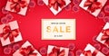 Valentine`s Day sale web banner. Top view on composition with gift boxes, case for ring on red background.