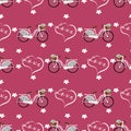Valentine`s Day seamless pattern of white bicycle, tiny flower and Love text in heart shape on pink background. Royalty Free Stock Photo