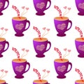 Valentine`s day seamless pattern with cup of tea