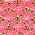 Valentine`s Day seamless pattern of cute bear, red hearts with arrow, tiny white heart and Happy Valentine`s Day text.