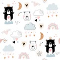 Valentine`s Day seamless pattern with cute bears, hearts, clouds and rainbows, kids background, wallpaper, gift paper