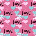 Valentine`s Day seamless pattern of cute candies, pink and blue heart shape balloons with Love text on pink background.