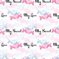 Valentine`s Day seamless pattern of cute candies with My Love and My Sweet text on white background.