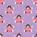 Valentine`s Day seamless pattern of cute cat holding pink heart with LOVE YOU and MISS YOU text on purple background.