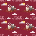 Valentine`s Day seamless pattern of cute couple owls on tree branch on blue sky with cute cloud background. Royalty Free Stock Photo