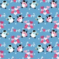 Valentine`s Day seamless pattern of cute couple penguins with heart shape balloon and love text on blue background.