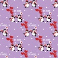 Valentine`s Day seamless pattern of cute couple penguins with heart shape balloon, tiny heart, gift box and BE MINE text.