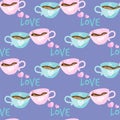 Valentine`s Day seamless pattern of cute coffee cups in blue and pink color with heart, his text and her text on purple background