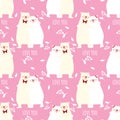 Valentine`s Day seamless pattern with cute polar bear couple with Love you text, flower and leaves on pink background. Royalty Free Stock Photo