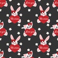 Valentine`s Day seamless pattern of cute rabbit and cat  with red ribbon holding red heart with Be mine and Love you text. Royalty Free Stock Photo