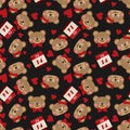 Valentine`s Day seamless pattern of cute bear couple with red heart and calendar 14 February on black background. Royalty Free Stock Photo