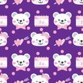 Valentine`s Day seamless pattern of cute polar bear couple with pink ribbon, pink hearts with arrow and calendar 14 February. Royalty Free Stock Photo