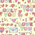 Valentine`s Day seamless pattern with different hearts and inscriptions