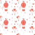 Valentine's Day Seamless pattern with flying hot air balloon, birds, hearts. Color vector illustration on a white Royalty Free Stock Photo