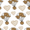 Valentine`s day seamless pattern with gold elements in doodle style. Gift on a bunch of balloons hearts. Hand drawn texture for Royalty Free Stock Photo