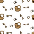 Valentine`s day seamless pattern with gold elements in doodle style. Heart-shaped padlock, key, ring. Cute hand drawn texture for Royalty Free Stock Photo