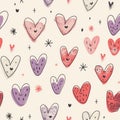 Valentine's day seamless pattern with hand-drawn hearts and doodles for design. AI Royalty Free Stock Photo