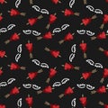 Valentine`s Day seamless pattern of red hearts with arrow and little wings on background.