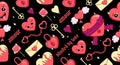 Valentine\'s Day seamless pattern with heart characters, cupids, locks, keys, chains and gothic text Royalty Free Stock Photo