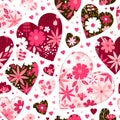 Valentine`s day seamless pattern with hearts with floral ornaments in patchwork style Royalty Free Stock Photo