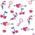 Valentine\'s Day seamless pattern. Hearts, key, flowers, twigs and cherries. Romantic background. Perfect for fabric, decor,