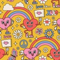 Valentine's day Seamless pattern with hearts mascot characters, rainbow. Weird retro vintage face expressions. Y2K