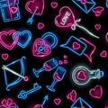 Valentine's Day seamless pattern with neon icons of loving hearts, gift box, Cupid bow, lock, flying envelop, love