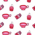 Valentine`s day seamless pattern with pink elements in doodle style. Elegant cup, cupcake with hearts, chocolate. Hand drawn