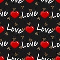 Valentine`s Day seamless pattern of red heart with Love text and tiny gold heart on black background. Royalty Free Stock Photo