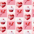 Valentine s day seamless pattern with red heart, red roses and cupcake vector