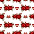 Valentine`s Day seamless pattern of red rose flowers, heart with ribbon and Happy Valentine`s Day text on white background. Royalty Free Stock Photo