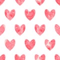 Valentine`s Day seamless pattern. Red watercolor hearts on a white background. Handmade, grunge texture. Vector illustration Royalty Free Stock Photo