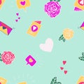 Valentine`s day seamless pattern with roses, love letters, cards and hearts