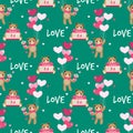 Valentine`s Day seamless pattern of cute bear holding a bouquet, heart shape balloons and calendar February 14 on green background